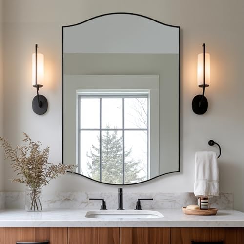 ANDY STAR 26"x38" Scalloped Mirror for Bathroom，Matte Black Rectangle Wall Mirror with Curved Edge Stainless Steel Metal Frame, Wall-Mounted Mirror for Bathroom, Entryway, Living Room