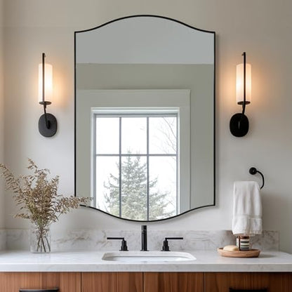 ANDY STAR 26"x38" Scalloped Mirror for Bathroom，Matte Black Rectangle Wall Mirror with Curved Edge Stainless Steel Metal Frame, Wall-Mounted Mirror for Bathroom, Entryway, Living Room