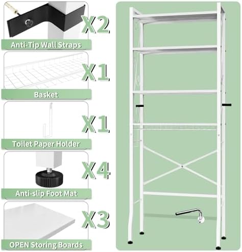 Over-The-Toilet Storage Rack 4-Tier,Bathroom Organizer Shelf Over Toilet,Adjustable Wooden Shelves and Basket,Freestanding Above Toilet Shelve,Space Saver for Rooms(White Rack-White Shelves)