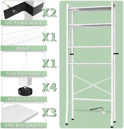 Over-The-Toilet Storage Rack 4-Tier,Bathroom Organizer Shelf Over Toilet,Adjustable Wooden Shelves and Basket,Freestanding Above Toilet Shelve,Space Saver for Rooms(White Rack-White Shelves)