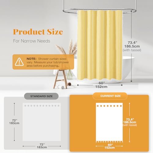 BTTN 60x72 Boho Farmhouse Linen Heavy Duty Cloth Shower Curtain Set, Yellow