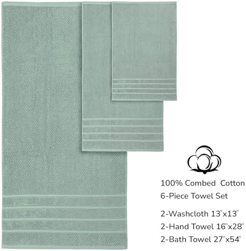 Feather & Stitch 100% Cotton 625 GSM Bath Towel Set of 6, Ultra Soft Highly Absorbent 2 Bath Towels, 2 Hand Towels & 2 Washcloth - Luxury Quick Dry Shower Towels (Granite Green)