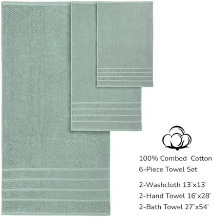 Feather & Stitch 100% Cotton 625 GSM Bath Towel Set of 6, Ultra Soft Highly Absorbent 2 Bath Towels, 2 Hand Towels & 2 Washcloth - Luxury Quick Dry Shower Towels (Granite Green)