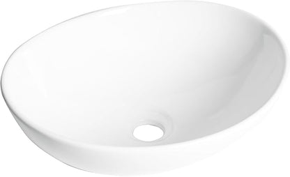 Oval Bathroom Vessel Sink Above Counter, QISHKA 16" x 13" Countertop Vanity Sink Modern Art Basin Lavatory White Ceramic White Bowl Sink