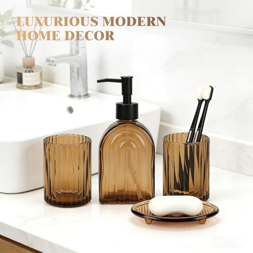 Bathroom Accessories Set, 4Pcs Glass Bathroom Accessories Set Complete, 13.5OZ Lotion Soap Dispenser, Toothbrush Holder, Mouthwash Cup, Soap Dish for Bathroom Decor, Countertop Organizer (Amber)