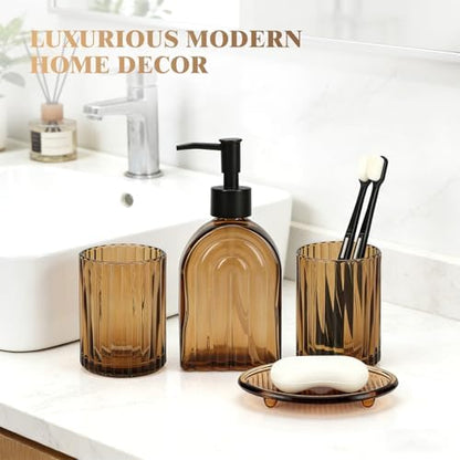 Bathroom Accessories Set, 4Pcs Glass Bathroom Accessories Set Complete, 13.5OZ Lotion Soap Dispenser, Toothbrush Holder, Mouthwash Cup, Soap Dish for Bathroom Decor, Countertop Organizer (Amber)