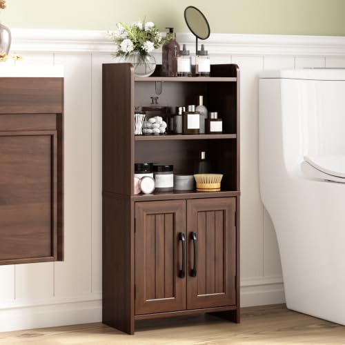 Small Bathroom Storage Cabinet with 2 Doors & Shelf, Line Walnut