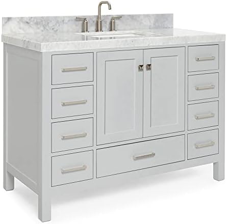 ARIEL Cambridge 48-inch Bathroom Vanity with Sink,Solid Wood, 2-inch Italian Carrara Marble Countertop, Single Rectangular Porcelain Sink, 2 Soft Closing Doors, 9 Dovetail Drawers, Grey