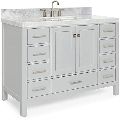 ARIEL Cambridge 48-inch Bathroom Vanity with Sink,Solid Wood, 2-inch Italian Carrara Marble Countertop, Single Rectangular Porcelain Sink, 2 Soft Closing Doors, 9 Dovetail Drawers, Grey
