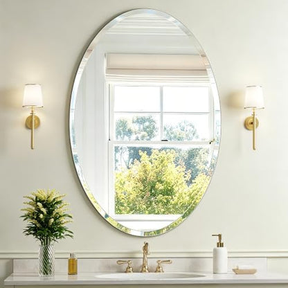 20 x 28 Inch Oval Frameless Bathroom Mirror, Beveled Polished Wall Mirror, Modern Decorative Mirror for Bathroom Vanity Bedroom Entryway