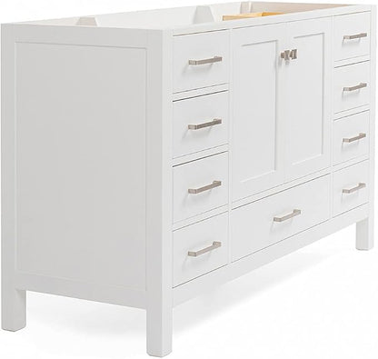 ARIEL Cambridge 54-inch Bathroom Vanity Base Cabinet,Solid Wood, 2 Soft Closing Doors, 9 Dovetail Drawers, White