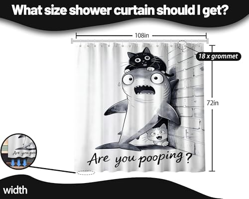 Extra Long Shower Curtain XL Black Cat Riding Shark, 108 x 72 in