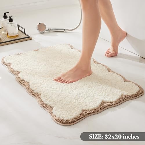 Ohocut Luxury Microfiber Bathroom Rugs, Beige Sand Scalloped Bath Rug Boho Farmhouse Cute Aesthetic Preppy Bath Mat for Bathroom, Tub, Floor Carpet, Sink, Shower, Anti Slip, Absorbent, 32x20