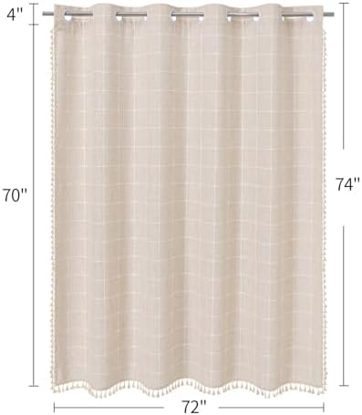MitoVilla No Hooks Needed Boho Farmhouse Shower Curtain with Snap-in Liner, Cotton Linen Fabric Shower Curtains with Tassels for Rustic Neutral Bathroom Decor, Beige/Cream, 72 x 74