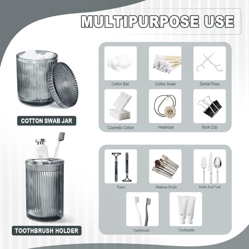 KASUNTING Gray Glass Bathroom Accessories 4 Pcs, Grey Bathroom Set, Soap Dispenser and Toothbrush Holder Set, Qtip Holder Set, Vintage Bathroom Sink Set, Modern Bathroom Decor