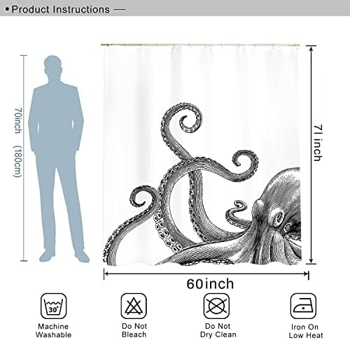Miyotaa Octopus Kraken Shower Curtain Set 60Wx71H Inches Nautical Ocean Tentacles Sea Creatures Mythical Black White Polyester Waterproof Bathroom Curtain with 12 Hooks