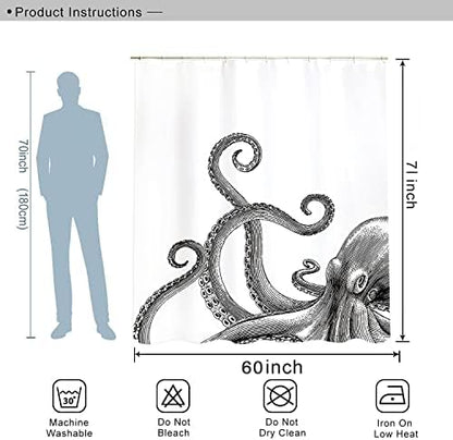 Miyotaa Octopus Kraken Shower Curtain Set 60Wx71H Inches Nautical Ocean Tentacles Sea Creatures Mythical Black White Polyester Waterproof Bathroom Curtain with 12 Hooks