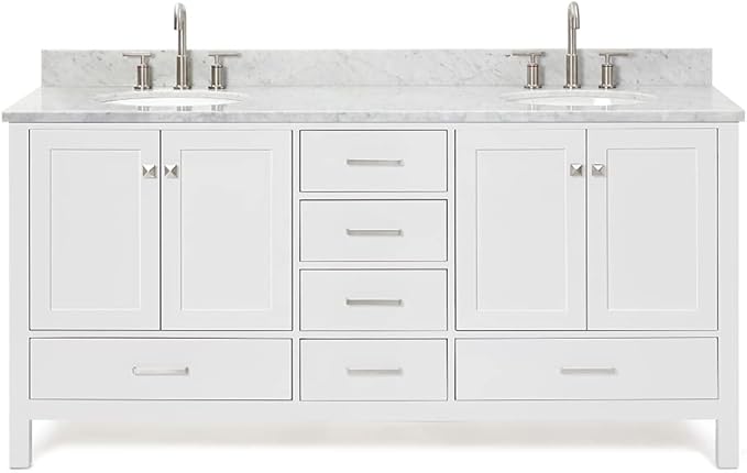 ARIEL Cambridge 72-inch Bathroom Vanity with Sink,Solid Wood, 0.75-inch Italian Carrara Marble Countertop & Backsplash, Double Oval Porcelain Sink, 4 Soft Closing Doors, 6 Dovetail Drawers, White