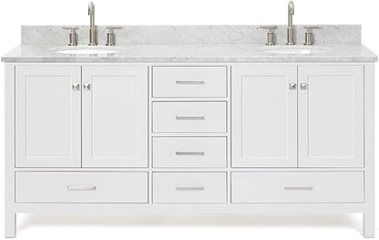 ARIEL Cambridge 72-inch Bathroom Vanity with Sink,Solid Wood, 0.75-inch Italian Carrara Marble Countertop & Backsplash, Double Oval Porcelain Sink, 4 Soft Closing Doors, 6 Dovetail Drawers, White