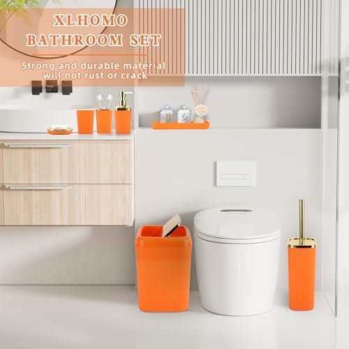 XLHOMO Orange Bathroom Accessories, Bathroom Sets with Stripe Shower Curtain, Orange and Gold Bathroom Accessories Set with Trash Can, Soap Dispenser, Soap Dish, Qtip Holders for Bathroom