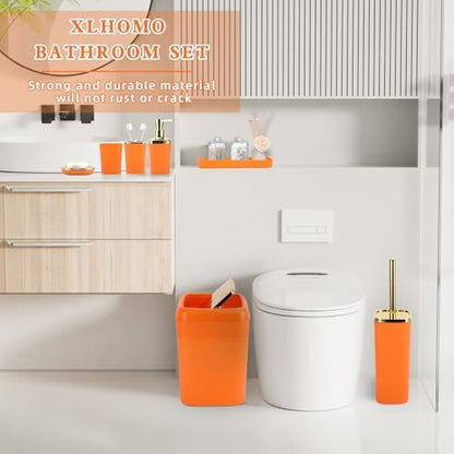 XLHOMO Orange Bathroom Accessories, Bathroom Sets with Stripe Shower Curtain, Orange and Gold Bathroom Accessories Set with Trash Can, Soap Dispenser, Soap Dish, Qtip Holders for Bathroom