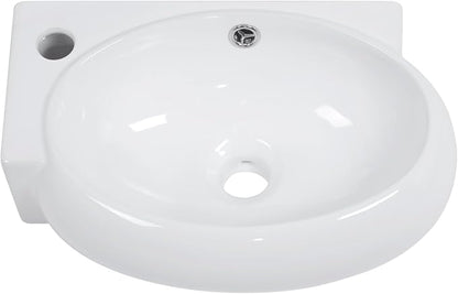 Wall Mount Hung Bathroom Sink 16"x11" Round Modern Vessel Sinks | Bathroom Corner Floating Sink White Porcelain Ceramic Wall Hung Bathroom Vessel Sink for Rvs, Restroom, Toilet