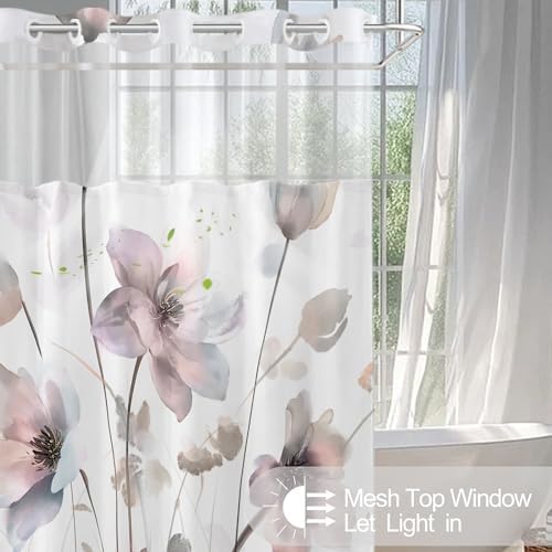 No Hook Shower Curtain and Liner Set, Pink Boho Floral 71x84