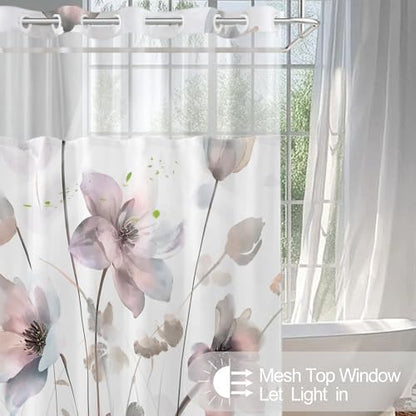No Hook Shower Curtain and Liner Set, Pink Boho Floral 71x84