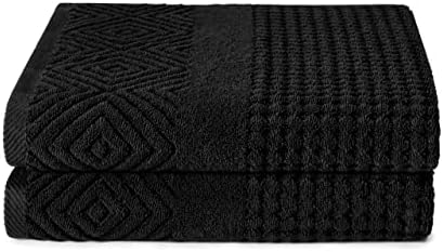 Texere 100% Organic Cotton Diamond Jacquard 700 GSM Luxury Bath Towel Sets - Ultra Soft and Absorbent Hotel and Spa Quality (Diamond, Black, 2 Bath Towels)