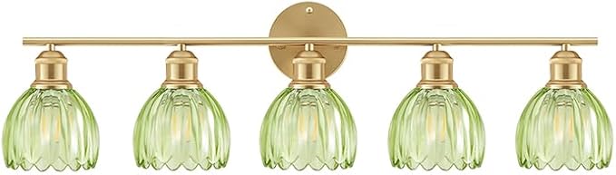 Bathroom Light Fixtures, 5-Light Brushed Gold Vanity Lights for Bathroom with Green Tulip Glass Shade, 30" Vintage Bathroom Vanity Lighting Fixtures Over Mirror for Bedroom Living Room Hallway