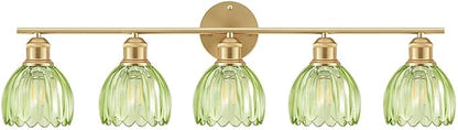 Bathroom Light Fixtures, 5-Light Brushed Gold Vanity Lights for Bathroom with Green Tulip Glass Shade, 30" Vintage Bathroom Vanity Lighting Fixtures Over Mirror for Bedroom Living Room Hallway
