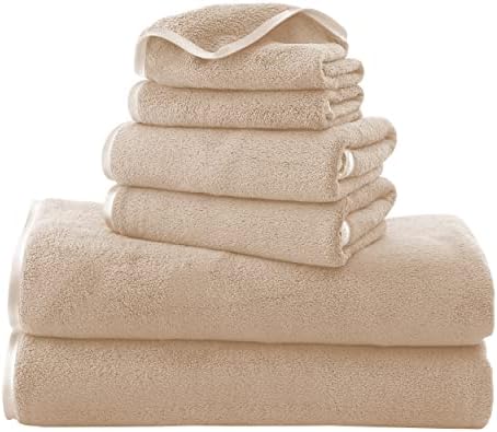 TENSTARS Luxury Silk Hemming Towel Set - Light Thin Quick Drying - 2 Bath Towels 2 Hand Towels 2 Washcloths - Ultra Soft Microfiber Towel for Bath Fitness, Sports, Yoga, Travel (Brown 6 Pieces)