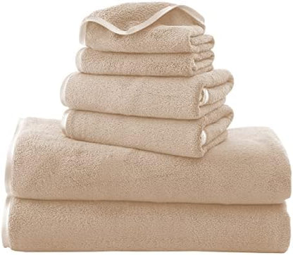 TENSTARS Luxury Silk Hemming Towel Set - Light Thin Quick Drying - 2 Bath Towels 2 Hand Towels 2 Washcloths - Ultra Soft Microfiber Towel for Bath Fitness, Sports, Yoga, Travel (Brown 6 Pieces)