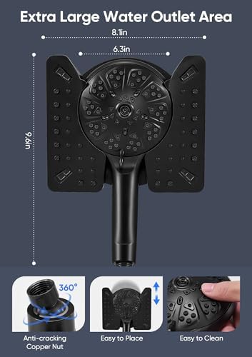 Shower Head with Handheld High Pressure, Rain Shower Head with Fixed Showerhead and 9 Sprays Handheld Shower, Detachable 2-IN-1 Shower head with 59" Rotatable Stainless Steel Hose (Black)