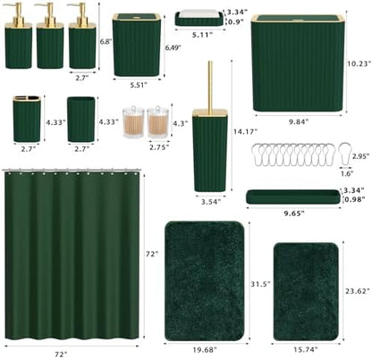 Bathroom Sets with Shower Curtain and Rugs - Elegant Bathroom Set, 27PC Bathroom Accessories Set, Green Bathroom Set, Mini Trash Can, Toilet Brush, Trash Can & Soap Dispenser