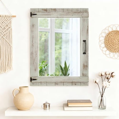 Oakrain Farmhouse Mirror, 24x32 Inch Distressed Gray Wood Frame with Black Metal Hinges, Rustic Wall Mirror for Bathroom, Living Room, Entryway, Bedroom