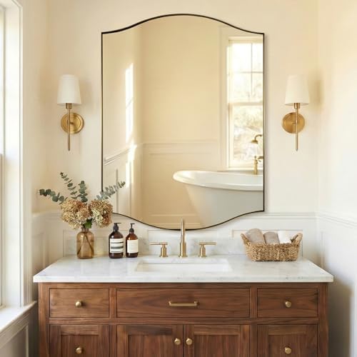 ANDY STAR Rectangle Scalloped Mirror, 36"x48" Brushed Gold Bathroom Mirror in SUS304 Stainless Steel Metal Frame, Brass Vanity Mirror with Unique Arched Top Design