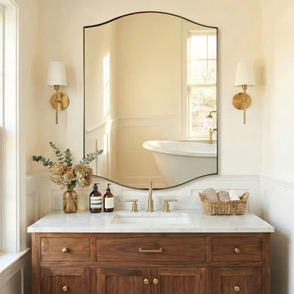 ANDY STAR Rectangle Scalloped Mirror, 36"x48" Brushed Gold Bathroom Mirror in SUS304 Stainless Steel Metal Frame, Brass Vanity Mirror with Unique Arched Top Design