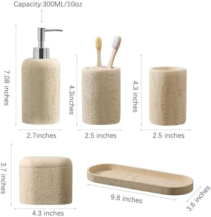 Bathroom Accessories Set, 5PCS, Travertine Stone Look, Yellow