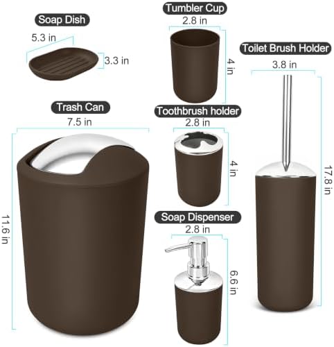 Compact 6-Piece Plastic Bathroom Accessories Set with Small Trash Can, Soap Dispenser, Toothbrush Holder, Cup, Soap Dish, Toilet Brush for Guest Bathroom Dorm Apartment (Coffee)