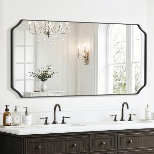 Delma Bathroom Vanity Mirror, Black Framed Aluminum Bathroom Mirror for Over Sink, Scalloped Round Corner Wall Mirror, High-Definition Vanity Mirror, Hangs Horizontally or Vertically (30x55,Black)