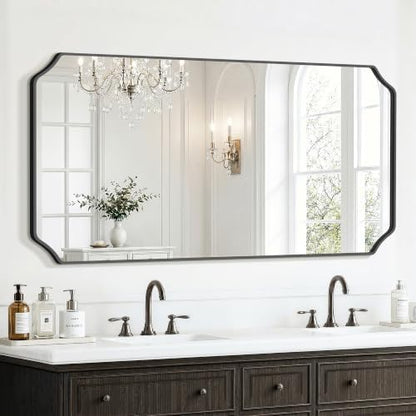 Delma Bathroom Vanity Mirror, Black Framed Aluminum Bathroom Mirror for Over Sink, Scalloped Round Corner Wall Mirror, High-Definition Vanity Mirror, Hangs Horizontally or Vertically (30x55,Black)