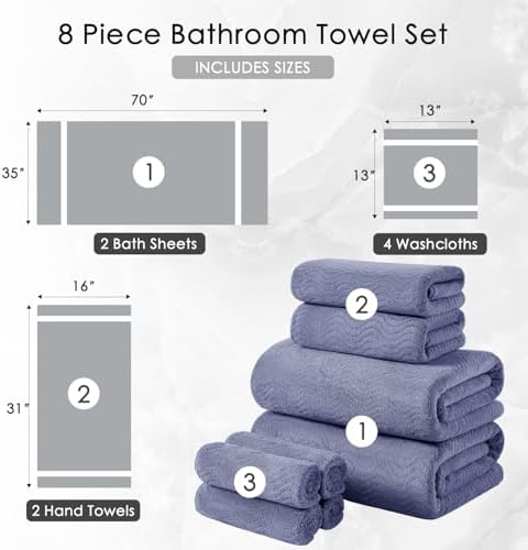 8 Piece Bath Towel Set |2 Oversized Large Bath Sheet,2 Hand Towels,4 Washcloths| Ultra Soft Bath Towel Set for Bathroom Hotel Gym Spa,Highly Absorbent Quick Dry Bathroom Towel Collections,Wedgewood