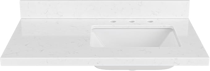 ARIEL 36 inch Bathroom Vanity top with Sink, 1.5 Inch Thick Miter Edge Carrara White Quartz top, Right Offset Vanity top with Rectangle Porcelain Sink, Includes Backsplash