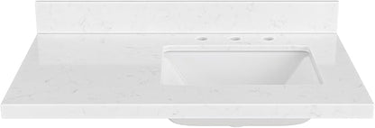 ARIEL 36 inch Bathroom Vanity top with Sink, 1.5 Inch Thick Miter Edge Carrara White Quartz top, Right Offset Vanity top with Rectangle Porcelain Sink, Includes Backsplash