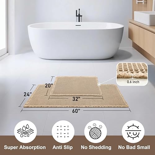 JIUZHEN Set of 2 Waffle Bath Mats Boho Bathroom Runner Rug 20"x32"+24"x60"