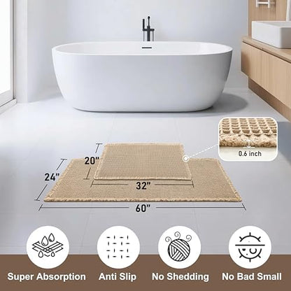 JIUZHEN Set of 2 Waffle Bath Mats Boho Bathroom Runner Rug 20"x32"+24"x60"