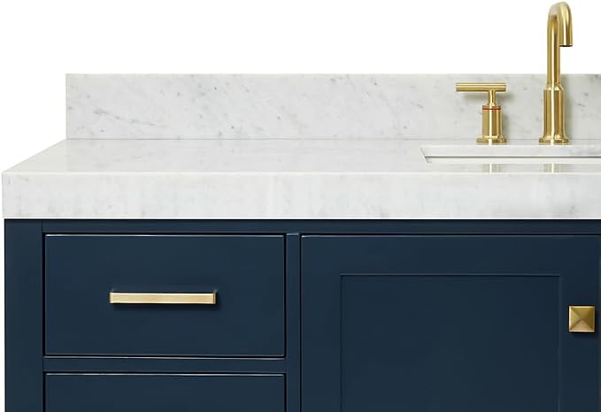 ARIEL Cambridge 60-inch Bathroom Vanity with Sink,Solid Wood, 2-inch Italian Carrara Marble Countertop, Single Rectangular Porcelain Sink, 2 Soft Closing Doors, 9 Dovetail Drawers, Midnight Blue