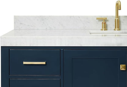 ARIEL Cambridge 60-inch Bathroom Vanity with Sink,Solid Wood, 2-inch Italian Carrara Marble Countertop, Single Rectangular Porcelain Sink, 2 Soft Closing Doors, 9 Dovetail Drawers, Midnight Blue