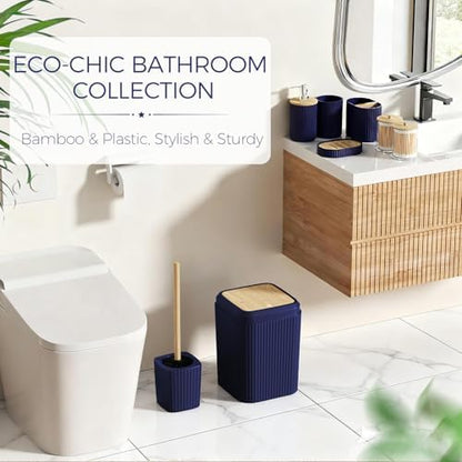 Bathroom Accessories Set - Unbreakable Navy Blue Bathroom Set, Trash Can, Toilet Brush with Holder, Soap Dispenser, Toothbrush and Toothpaste Holder, Tumbler Cup, Soap Dish, Qtip Holder, Bamboo Decor